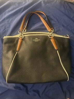 Coach Black Leather Hand Bag with Tan Handles and White Trim
